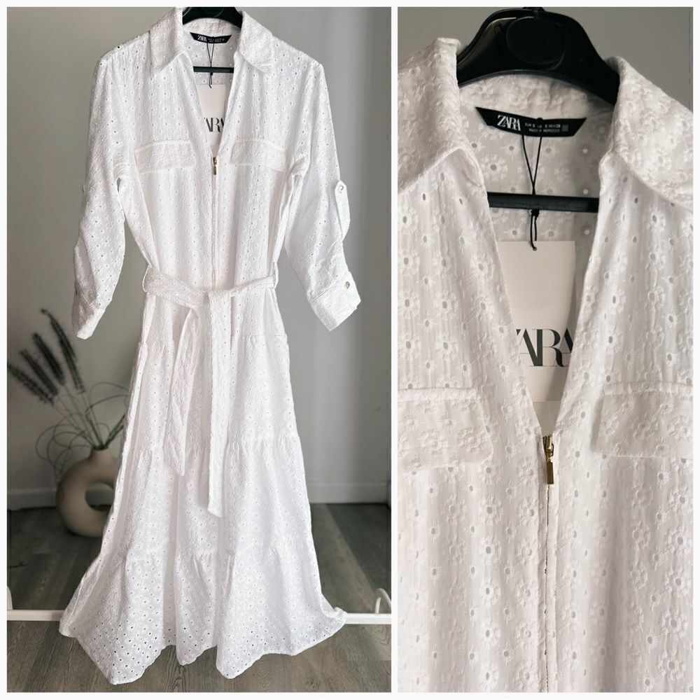 ZARA NWT WOMAN V-NECK OPENWORK EMBROIDERED MIDI DRESS WHITE ZIP